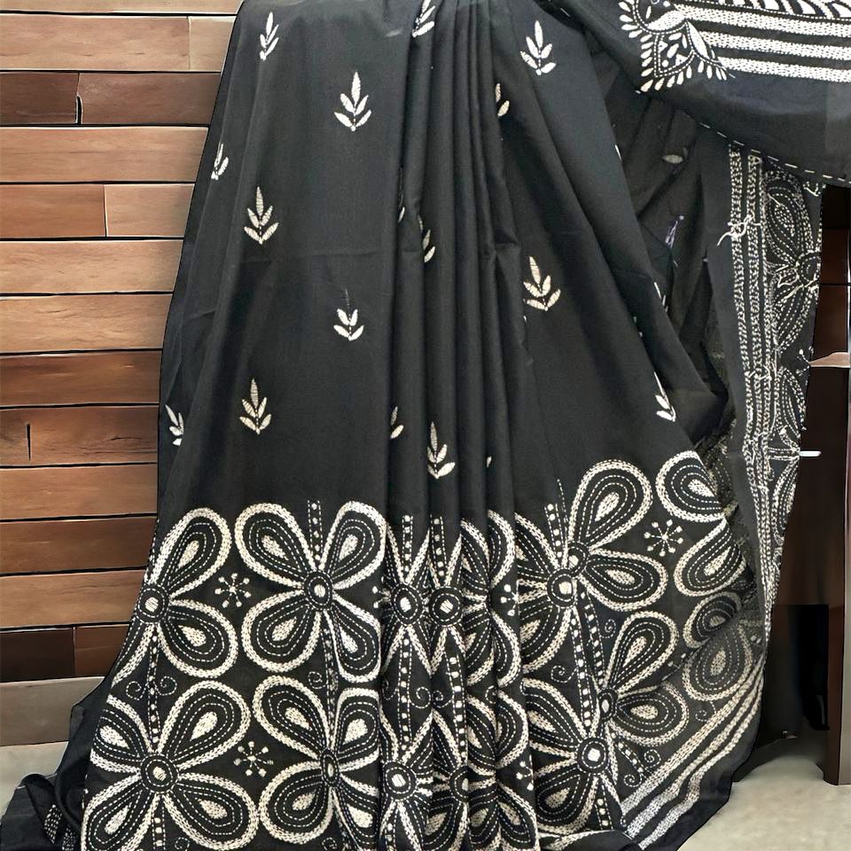 Black silk saree with Kantha work