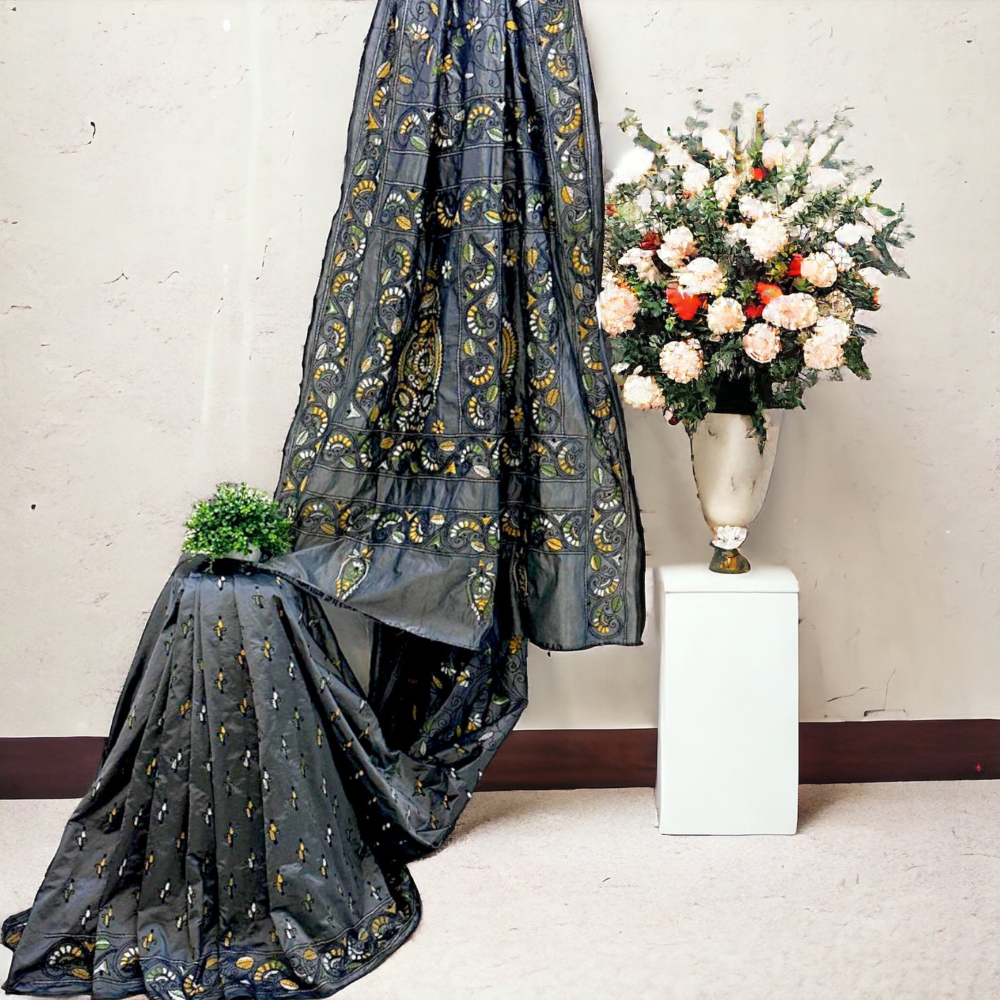 Grey silk saree with Kantha work