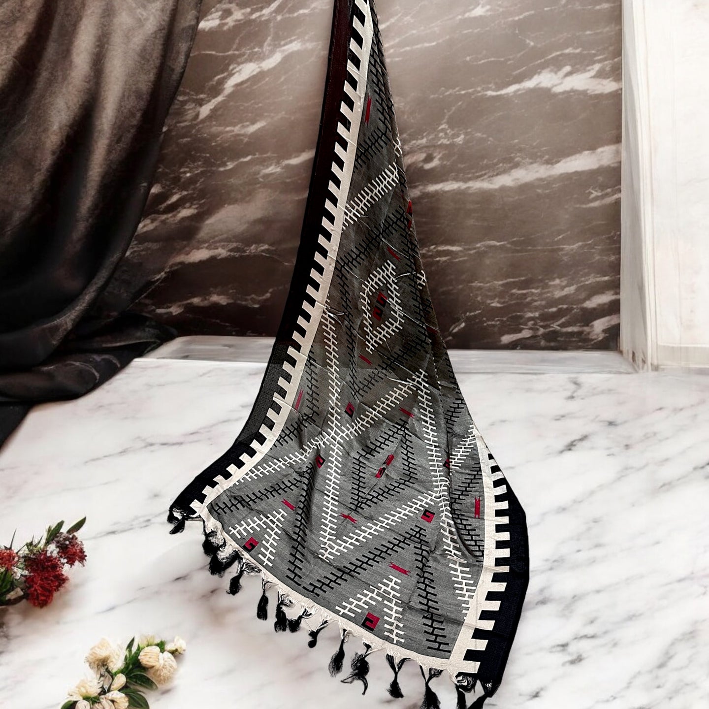 Grey silk batik dupatta