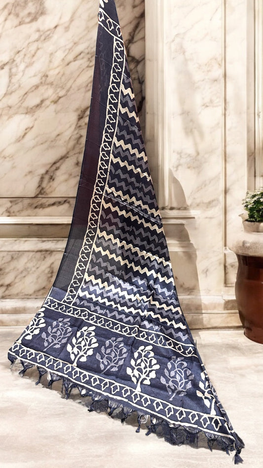 Blue printed silk dupatta