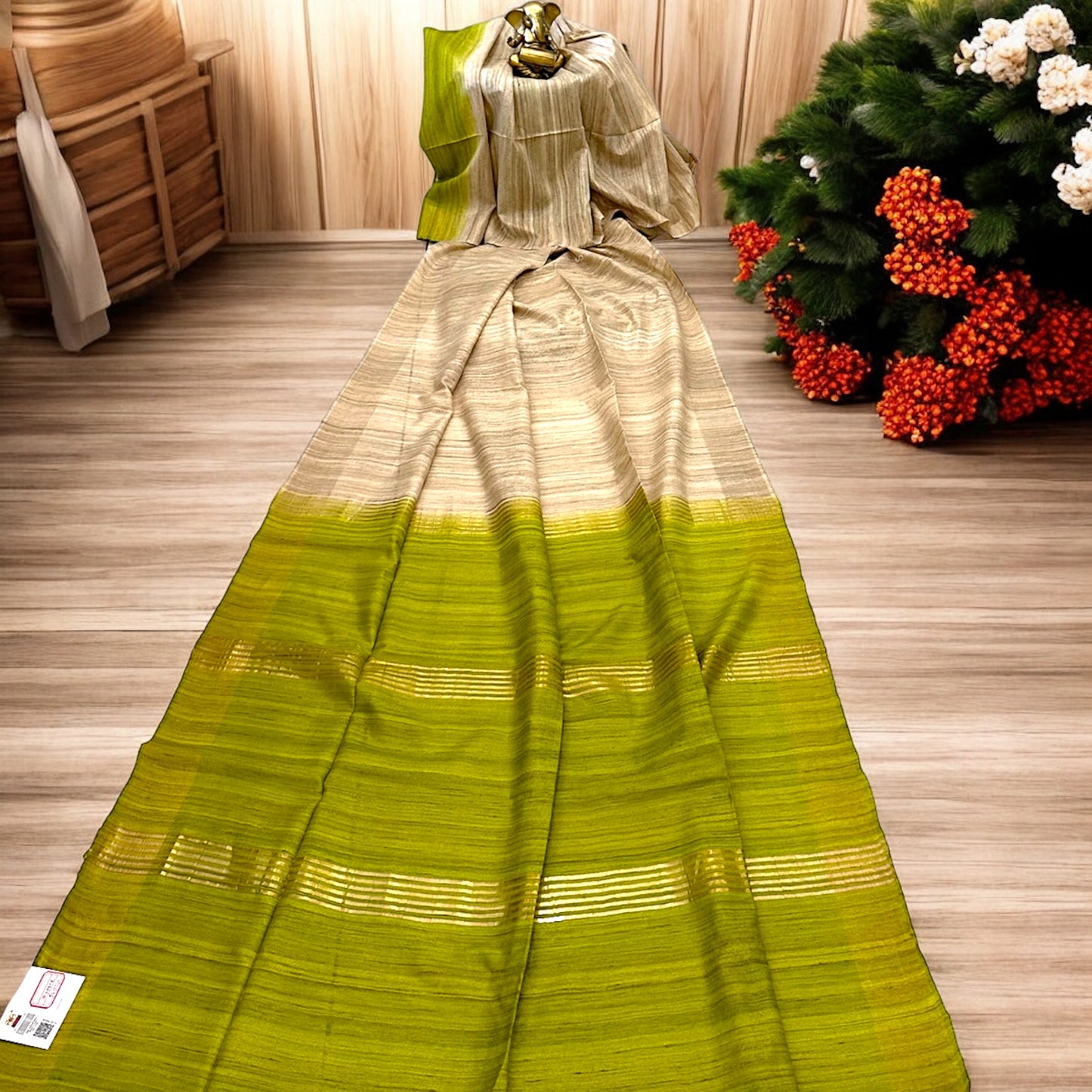 Parrot Green Pure Bishnupur Desi Tussar Silk Sari