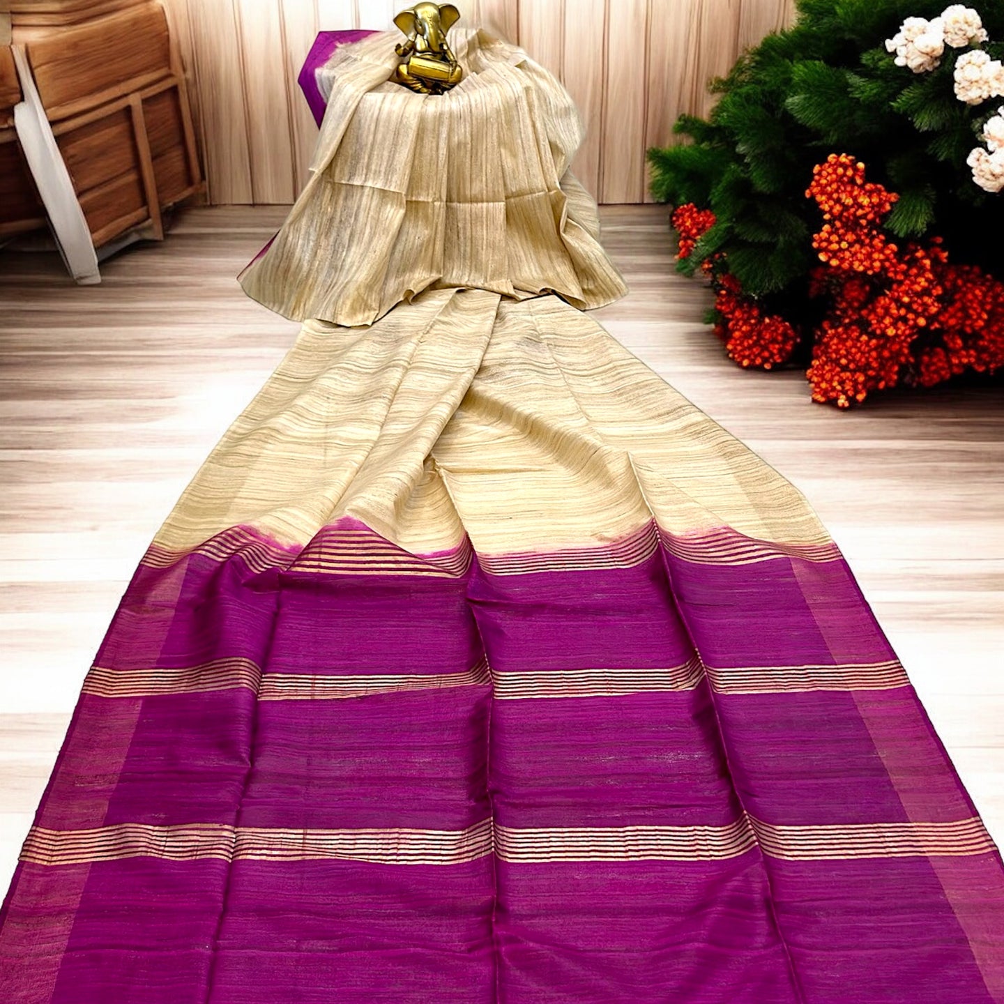 Magenta Pure Bishnupur Desi Tussar Silk Sari