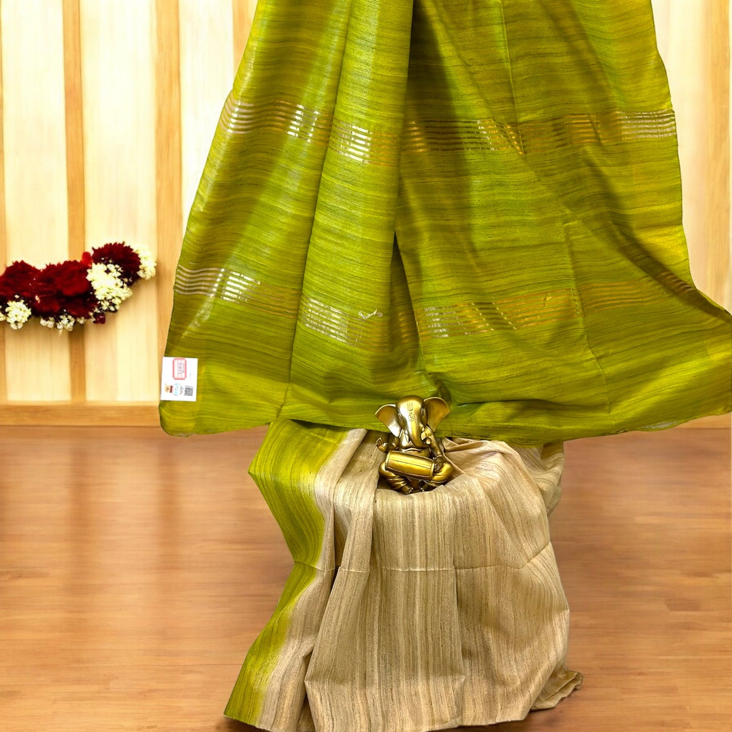 Parrot Green Pure Bishnupur Desi Tussar Silk Sari