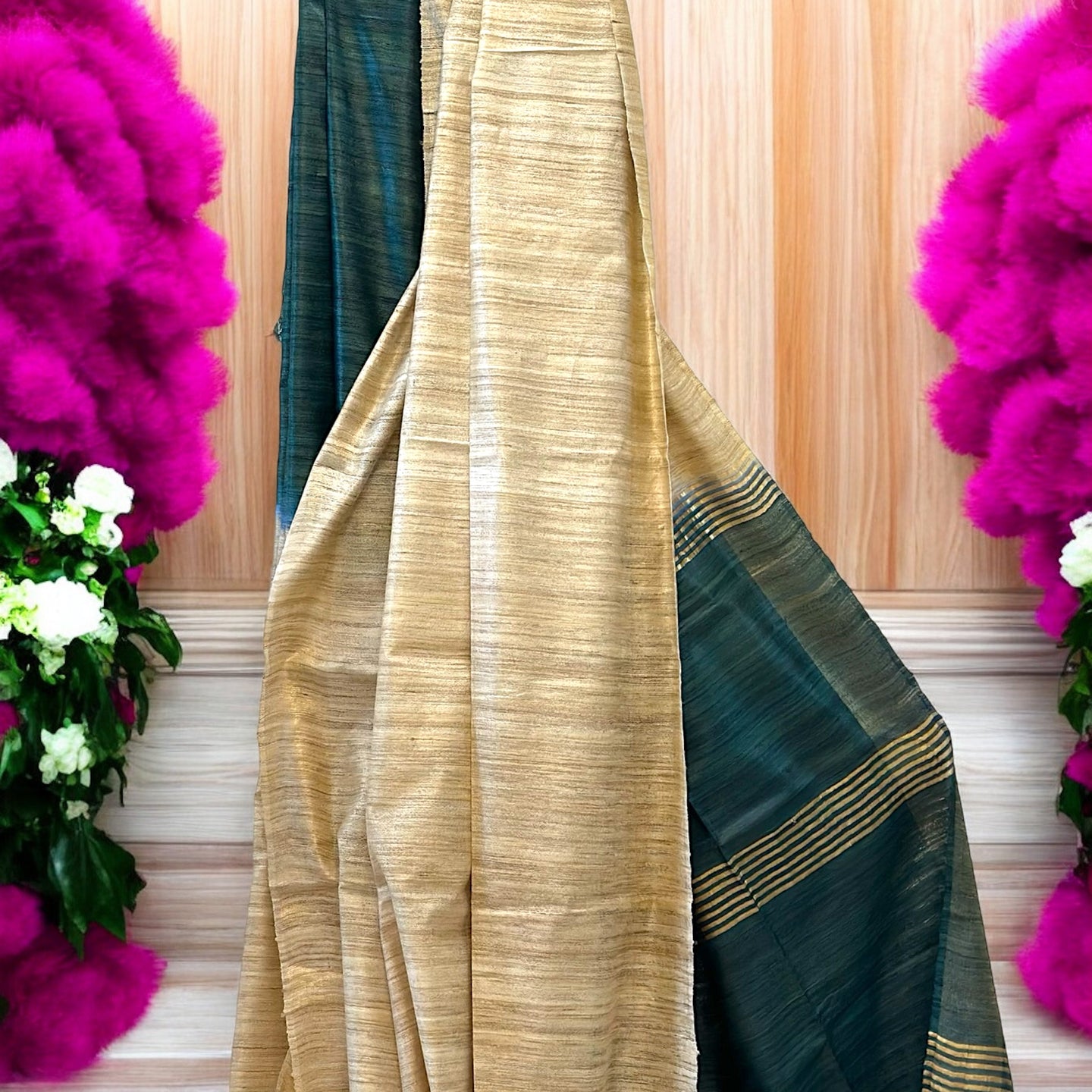 Bottle Green Pure Bishnupur Desi Tussar Silk Sari