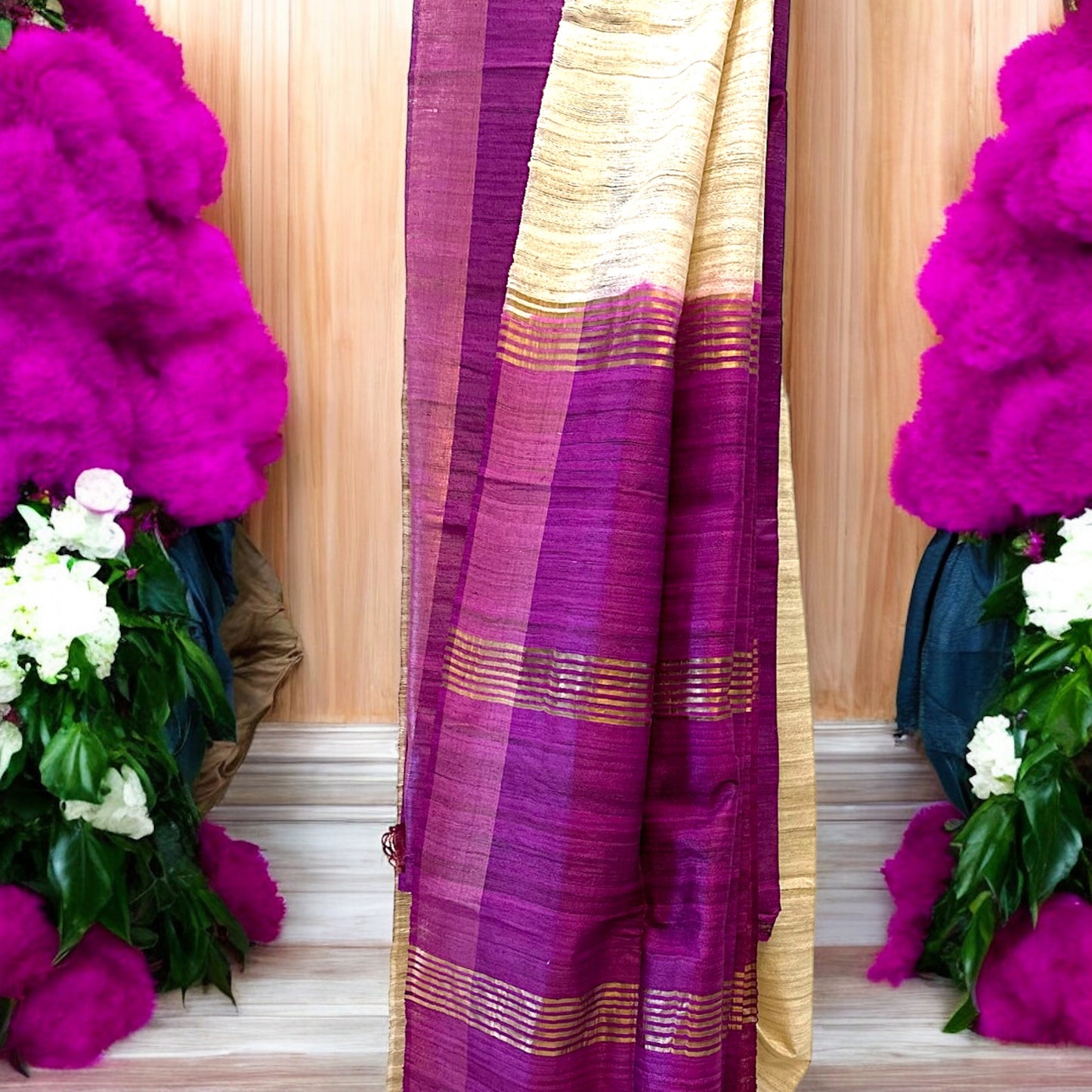 Magenta Pure Bishnupur Desi Tussar Silk Sari