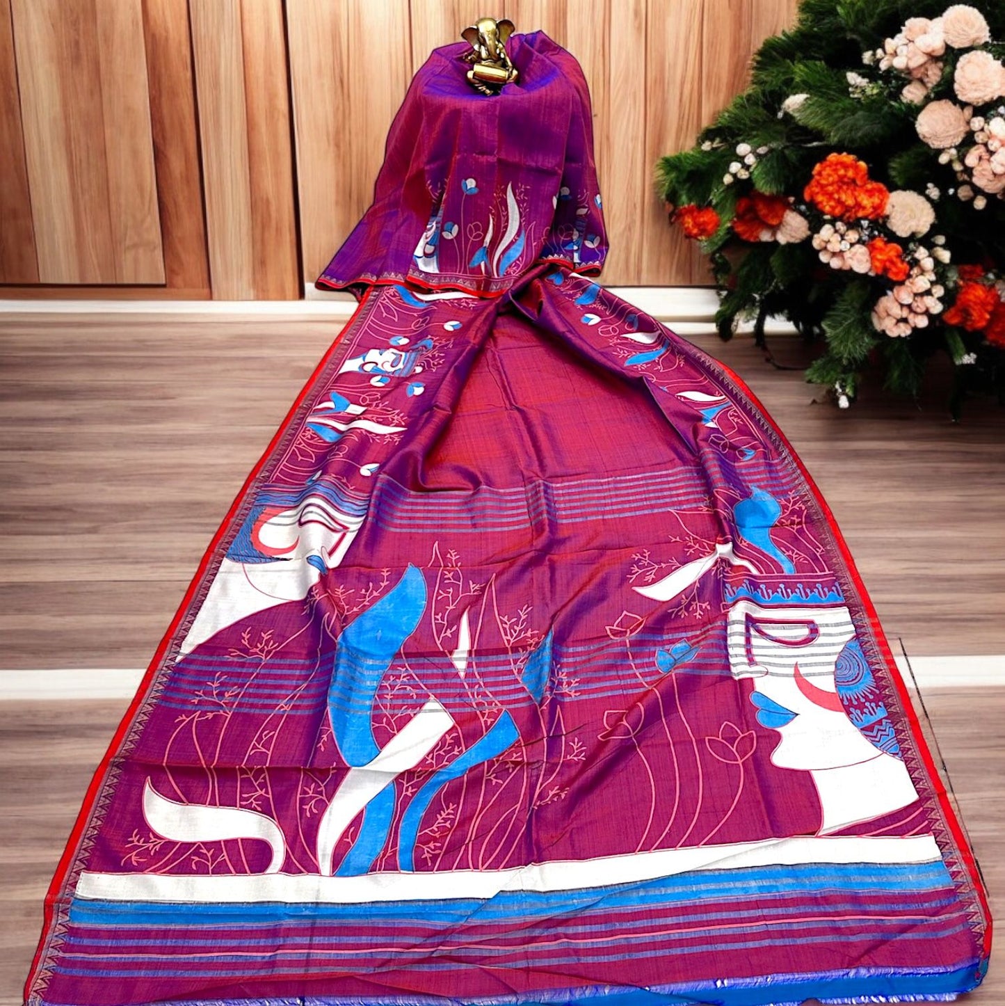 Pure Bishnupur silk sari - Magenta blue colour & Zari border