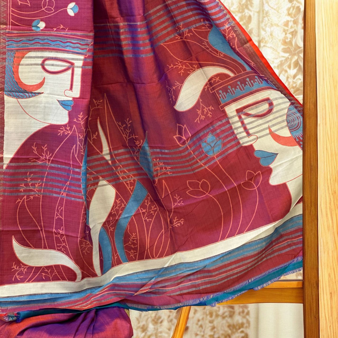 Pure Bishnupur silk sari - Magenta blue colour & Zari border