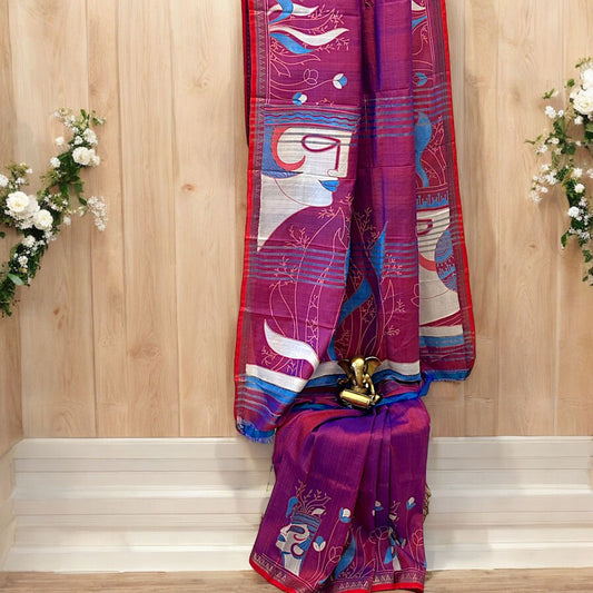 Pure Bishnupur silk sari - Magenta blue colour & Zari border