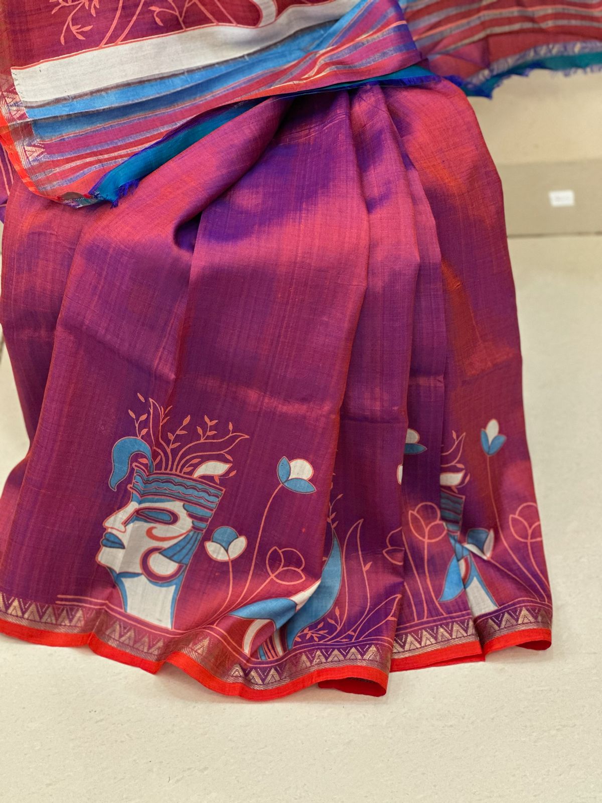 Pure Bishnupur silk sari - Magenta blue colour & Zari border