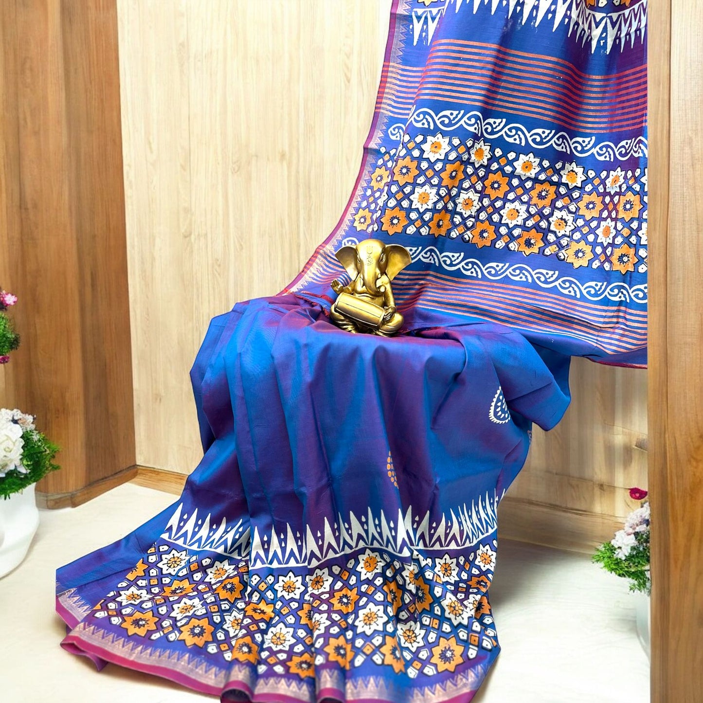 Pure Bishnupur silk sari - Turquoise blue colour & Zari border