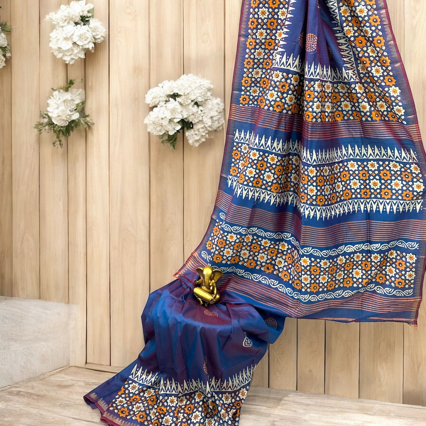 Pure Bishnupur silk sari - Turquoise blue colour & Zari border