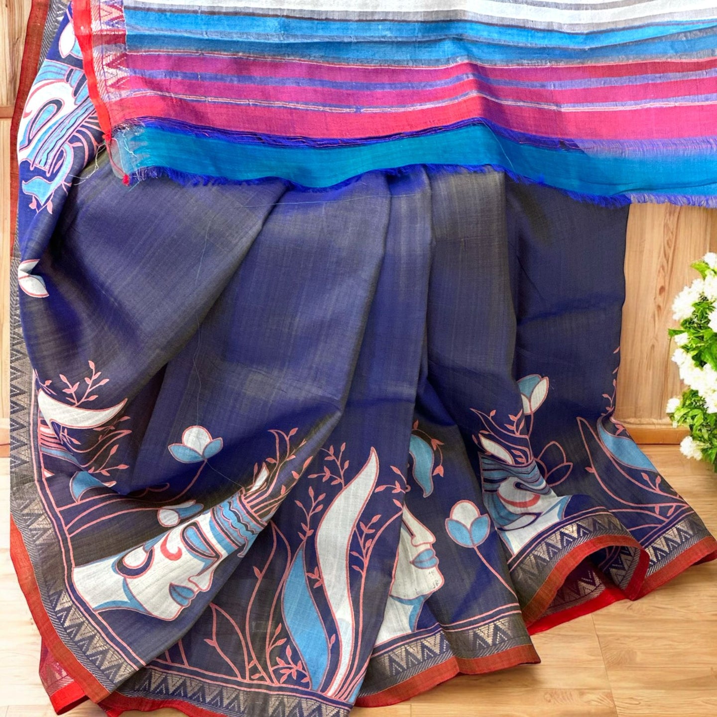 Pure Bishnupur silk sari - Royal blue colour & Zari border