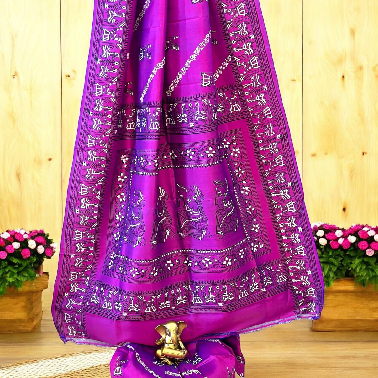 Magenta Pink Pure Bishnupur Silk Saree with Block Print