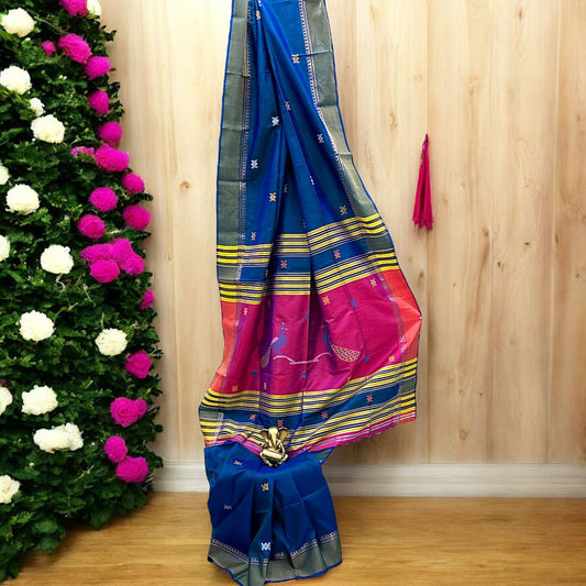 Pure Bishnupur Silk Saree with Thread Work - Kalakhetro in Elegant Blue