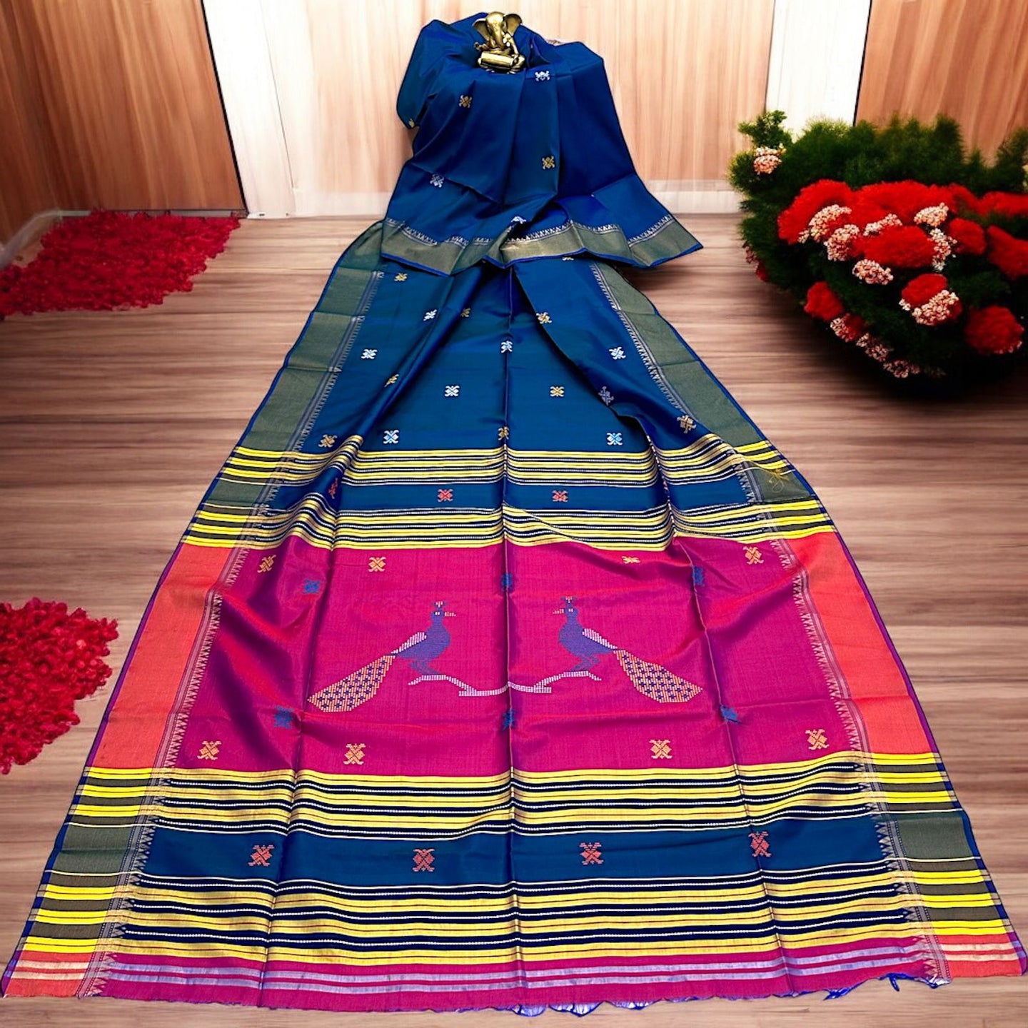 Pure Bishnupur Silk Saree with Thread Work - Kalakhetro in Elegant Blue