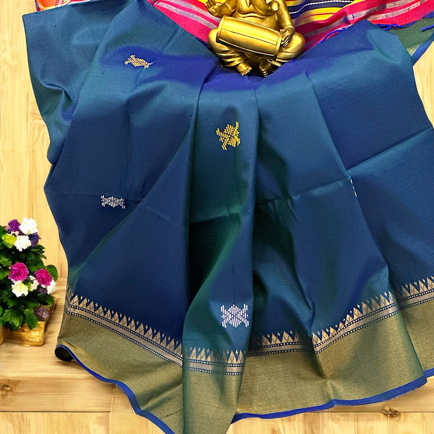 Pure Bishnupur Silk Saree with Thread Work - Kalakhetro in Elegant Blue