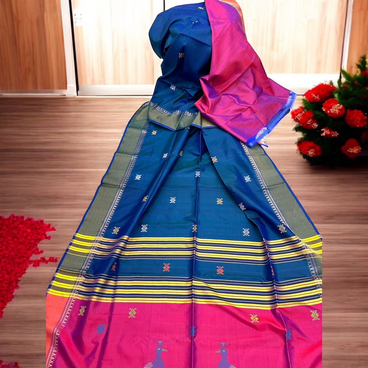 Pure Bishnupur Silk Saree with Thread Work - Kalakhetro in Elegant Blue