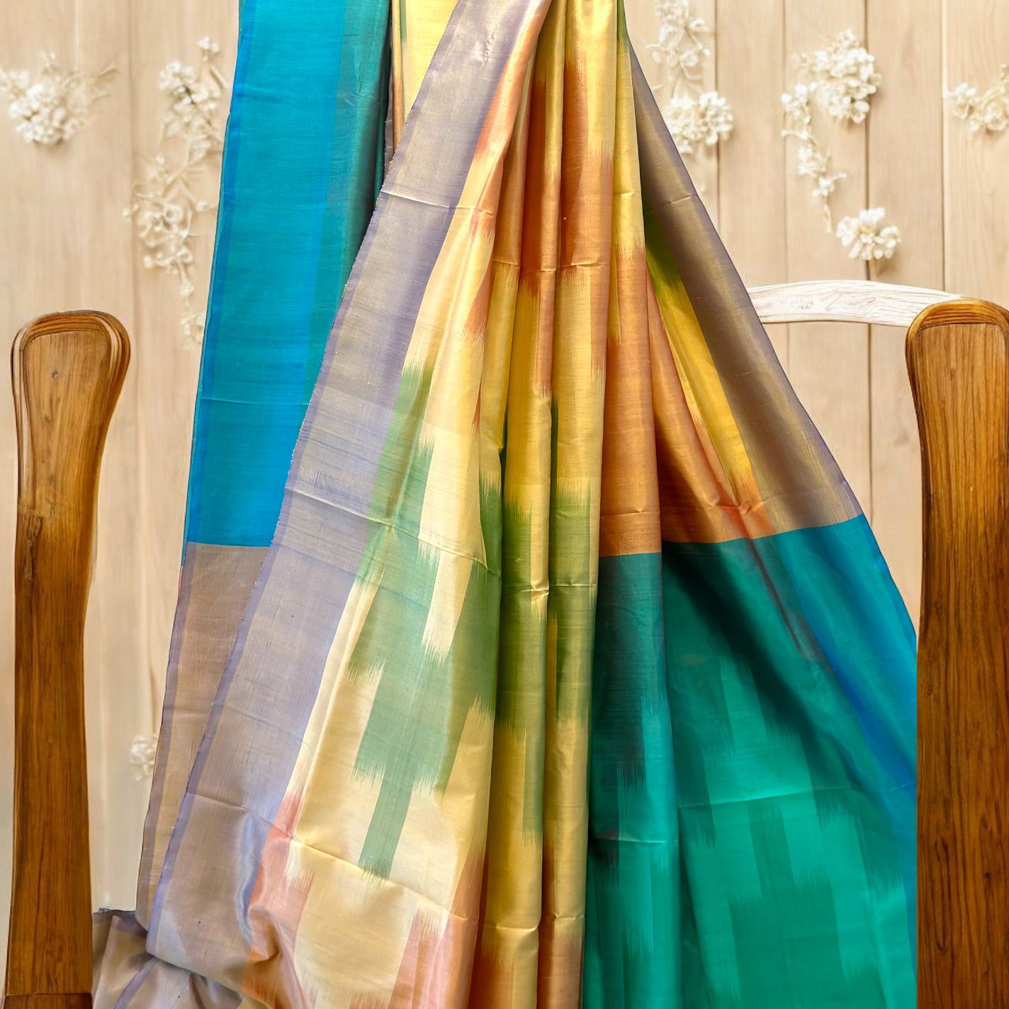 Beige Pure Bishnupur Silk Saree with Ikkat Design