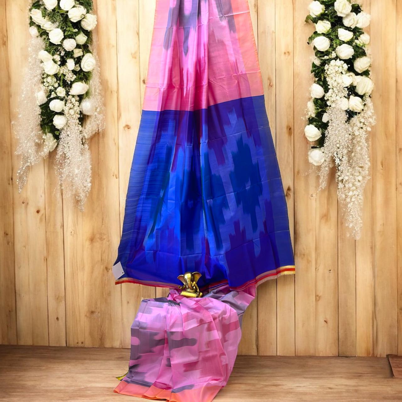 Baby Pink Pure Bishnupur Silk Saree with Ikkat Design