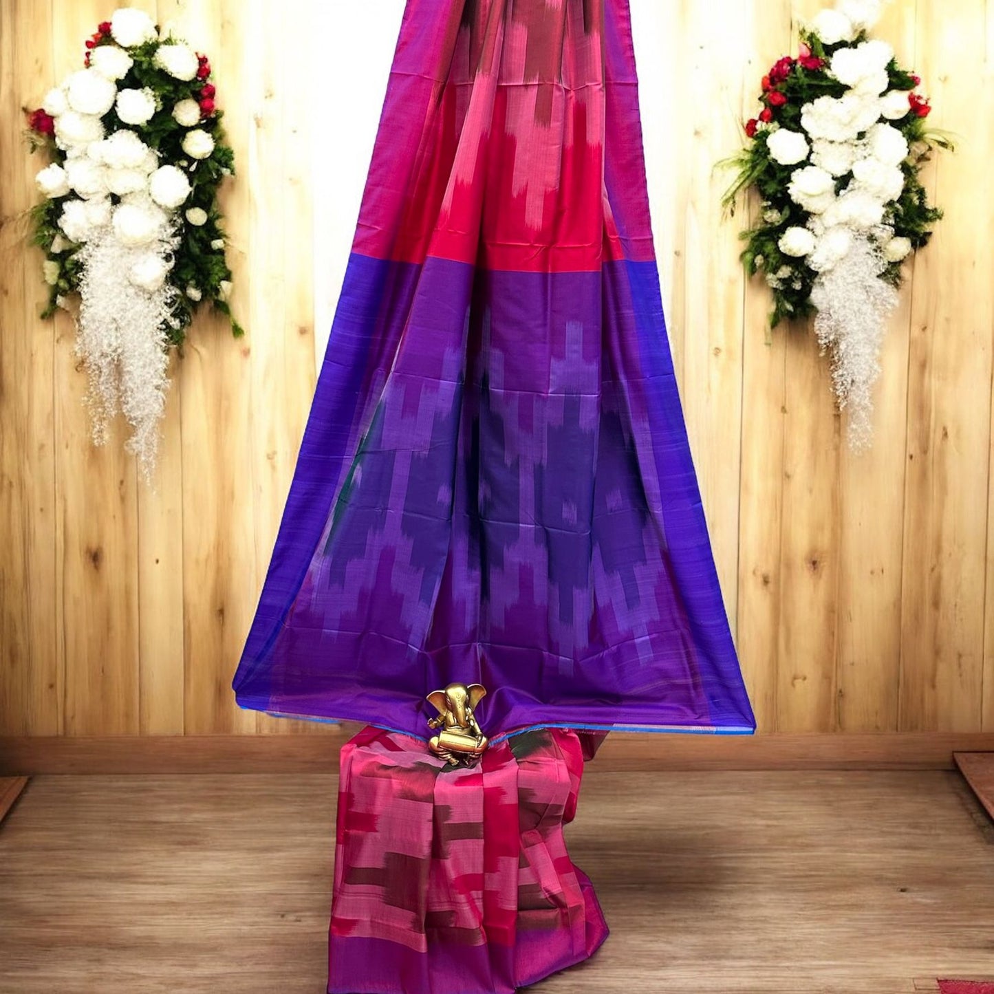 Red Pure Bishnupur Silk Saree with Ikkat Design