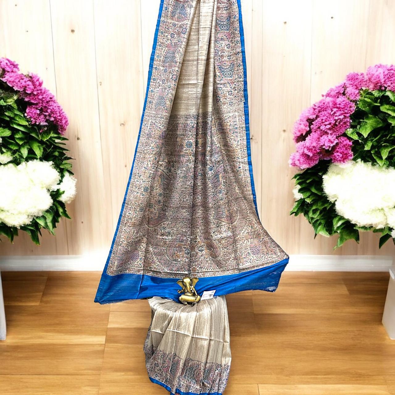 Turquoise blue Pure Bishnupur Tussar Silk Saree with Madhubani Print