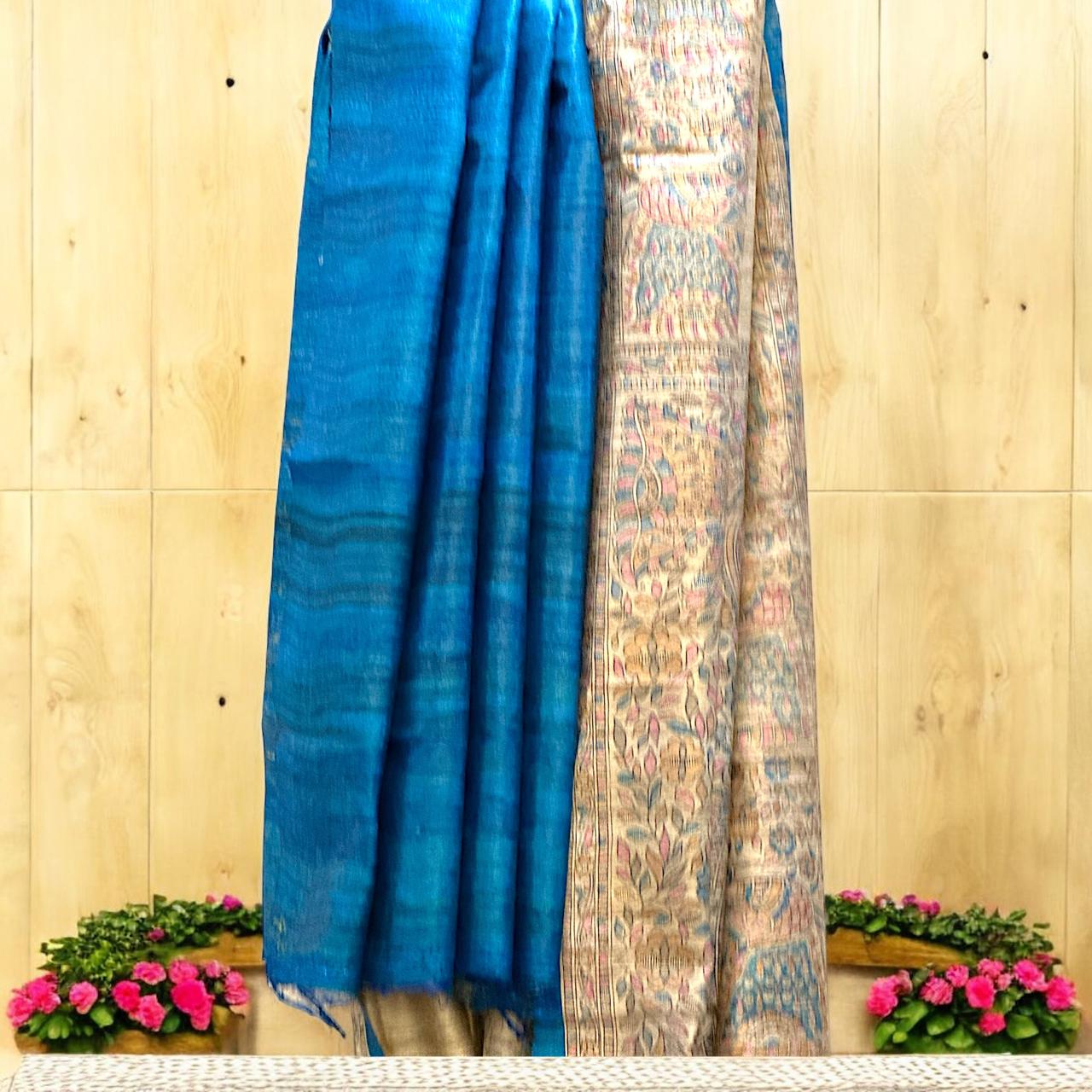 Turquoise blue Pure Bishnupur Tussar Silk Saree with Madhubani Print